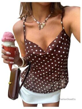 Polka Dots V Neck Criss Cross Backless Cowl Neck Cami Top Going Out Tops